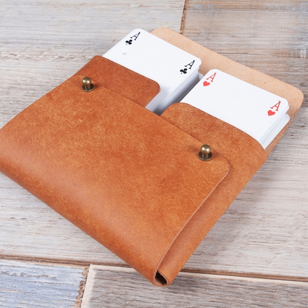 Double Playing Card Holder, Double Playing Card Case With Playing Cards, Real Italian Hide Leather