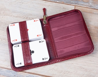 Double Playing Card Case, Poker Cards Case, Twin Deck Holder, Zip Around Playing Cards Case Real Leather