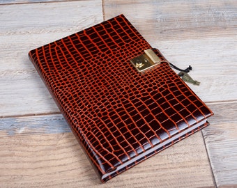 A5 Lockable Notebook, Travel Journal, Lined Notebook, Real Leather Croc Print