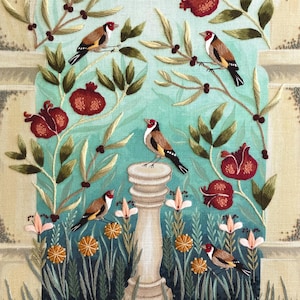 May include: Embroidered artwork featuring a whimsical scene of goldfinches perched on branches and a stone pedestal, surrounded by lush greenery, red pomegranates, and delicate flowers. The artwork is titled "GOLDFINCH".