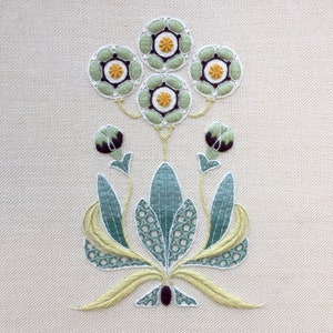 May include: Embroidered floral design with green and yellow flowers and leaves on a white fabric background.