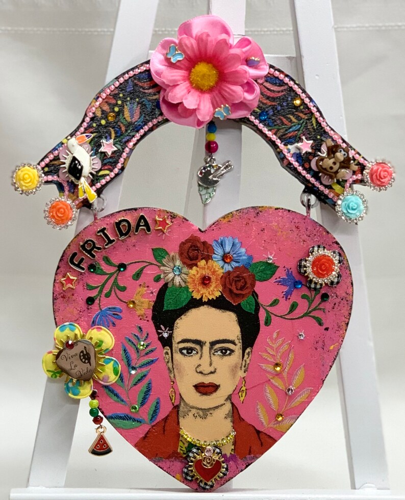 Heart Shaped Frida Kahlo Decoupage 2 Piece Wood Sign Frida Etsy
