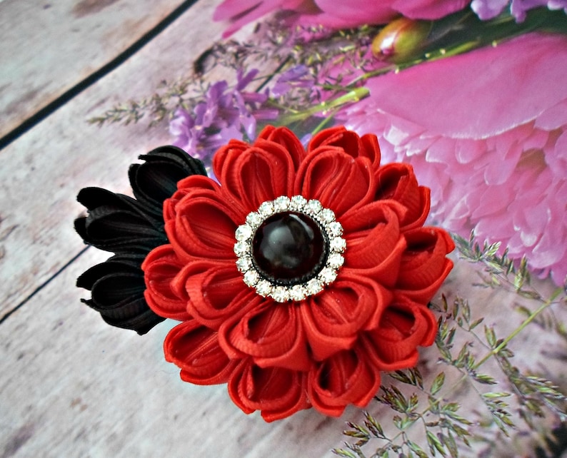 Red with black flower clip. Oriental hair clip Japanese hair piece Kanzashi fabric flower hair clip Gray flower clip Orchid kanzashi