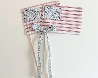 Handmade Farmhouse Flag, Red White Stripe Floral Accent, Americana Decor, 4th of July Accent