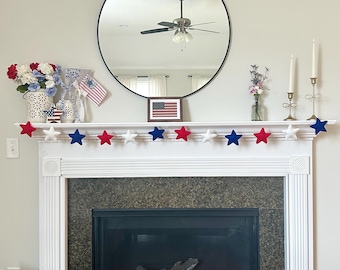 Hand-stitched Felt Star Garland, Patriotic Red White Blue Banner