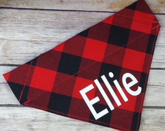 Customized Dog / Personalize Bandana / Red Buffalo Plaid Dog Bandana / Black Check Cat Bandana / Over the Collar / Slide On / Dog Scarf