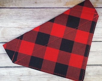 Red Buffalo Plaid Dog Bandana / Black Check Cat Bandana / Over the Collar / Slide Thru Through / Cotton Bandana / Dog Scarf / Neckerchief