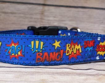 Super Hero Dog Collar / Superhero Dog Collar / Comic Words Dog Collar / Boy Dog Collar / Blue Dog Collar / Zap Bang Bam / Dog Lover Gift