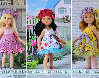 PDF haakpatroon "Juliet" voor Paola Reina 13'' poppen, zomerjurk + baret + vest