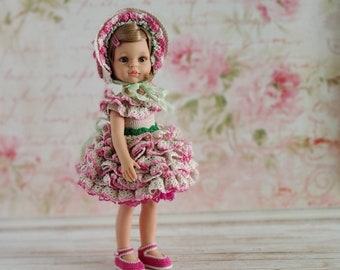 Paola Reina 13" doll handmade outfit, Dress + Bonnet + Underskirt + Belt + Shoes