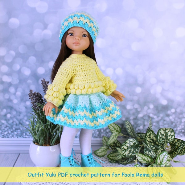 PDF doll clothing crochet pattern «Yuki» – Outfit for Paola Reina 13" dolls, Sweater, Skirt and Hat for your doll.