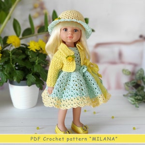 Patrón de crochet para vestido, gorro y chaqueta de muñeca Paola Reina de 33 cm (patrón en PDF)