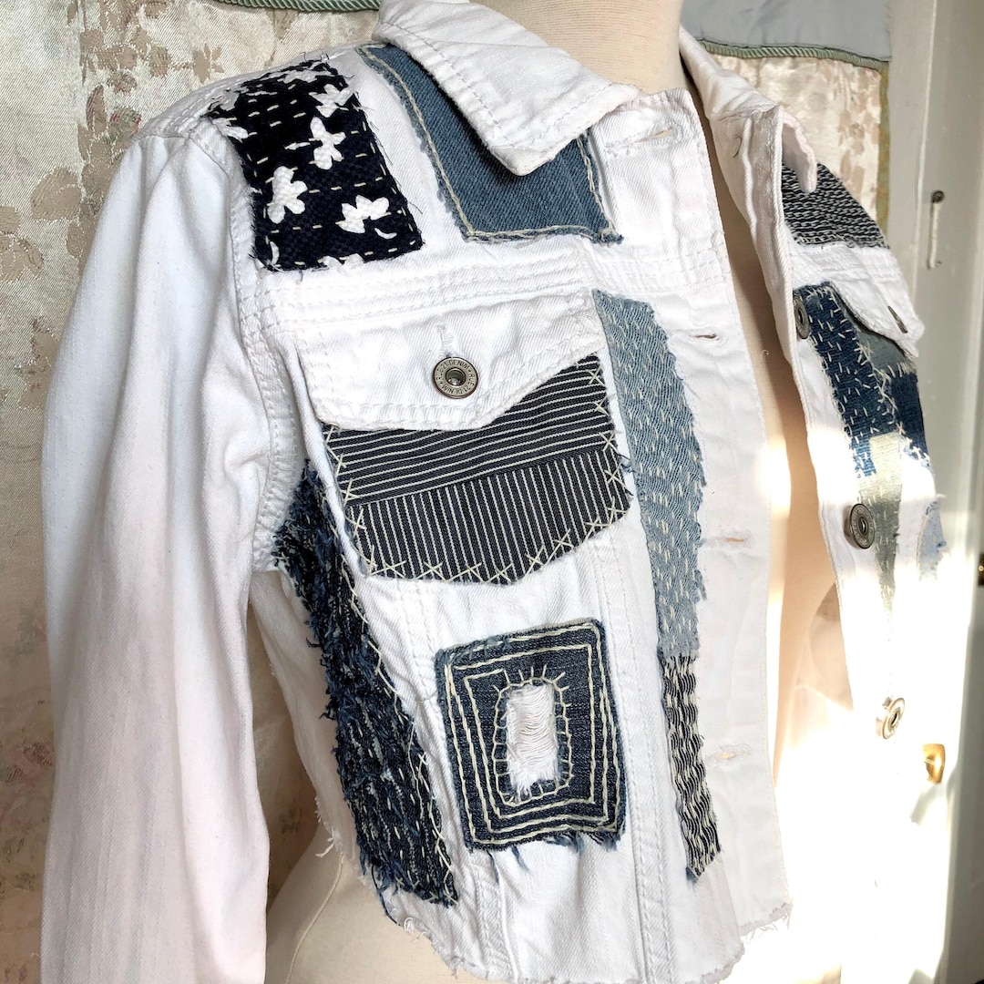 Blue Jacket Patchwork Upcycled Stylish White and Blue Patchwork Denim Jacket With Sashimi ...