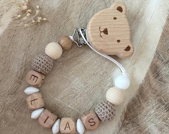 Personalisierte Schnullerkette mit Namen für Jungen Mädchen in Creme, Clip Teddy mit Häkelperlen, Geschenk zur Taufe, Geburt oder Babyparty