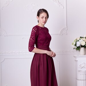 Short burgundy dress with sleeves. Bridesmaid lace dress knee length. Burgundy cocktail dress. Western wedding image 1