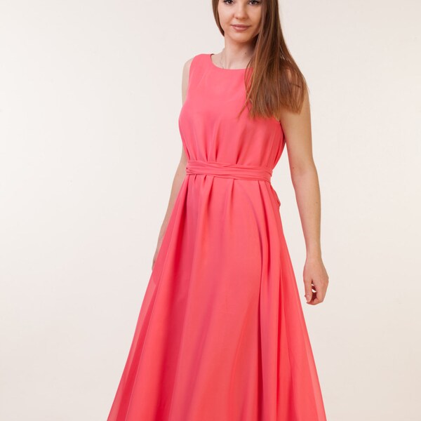 Strapless Chiffon Dress with Cascade Skirt Coral main image 0