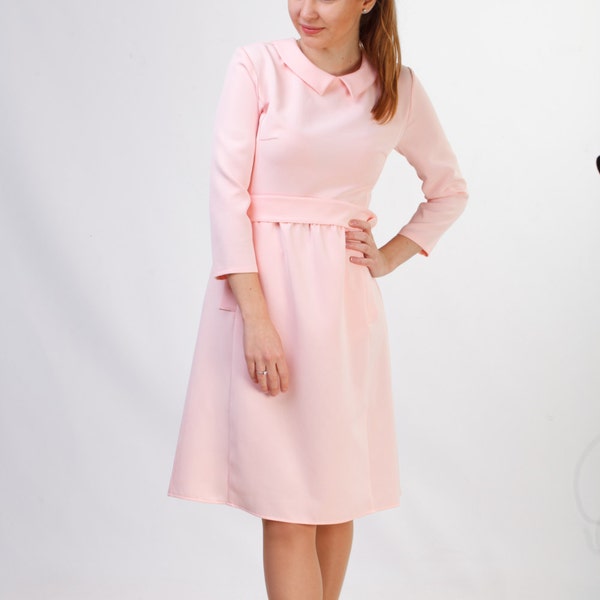 Pale pink pencil dress with pockets Midi blush dress for office Retro inspired casual wear women