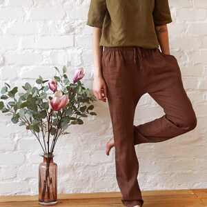 Long brown linen pants with pockets. Linen harem pants womens. Everyday plus size trousers. Casual linen clothing - 20+ colors