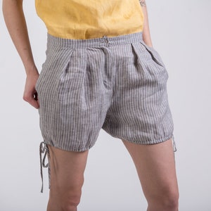 Striped linen shorts with pockets. Mini linen bubble shorts. Women summer shorts bohemian. Linen clothing for beach for women 20 colors image 1
