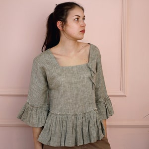 Linen ruffle top with sleeves. Stylish womens linen blouse with bows. Casual plus size natural flax clothing. Square neckline - 20+ colors