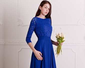 Cobalt blue bridesmaid dress long. Floral lace formal gown with sleeves. Modest evening dress plus size.Blue mother of the groom dress