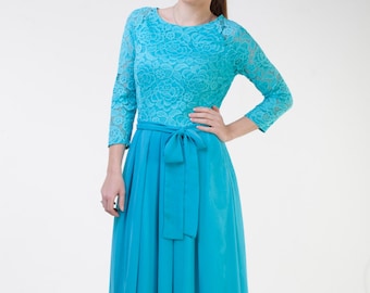 Turquoise bridesmaid dress. Long modest dress with sleeves. Lace prom dress. Gala dinner outfit women
