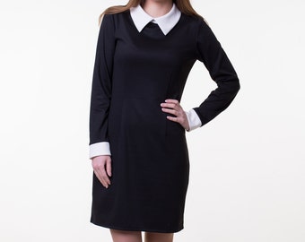 Midi black dress white collar Classic pencil dress Black office dress School teacher dress Black wrap dress short