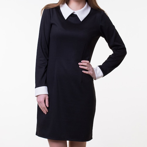Midi Black Dress White Collar Classic Pencil Dress Black - Etsy