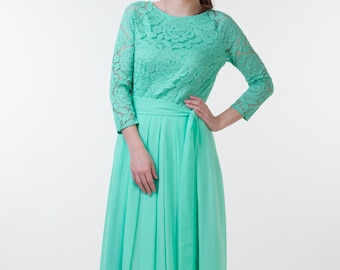 Mint green bridesmaid dress. Long green lace dress with sleeves. Mother of the groom modest dress.