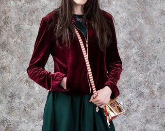 Velvet bomber jacket women. Velvet jacket with long sleeves. Spring outerwear with pockets women - 5 colors