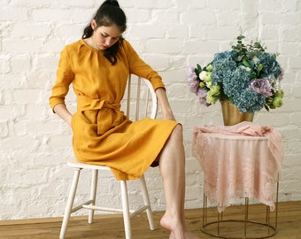 Mustard linen dress women. Tea length linen dress with pockets. Pure linen womens clothing plus size. Autumn dress with sleeves - 20+ colors