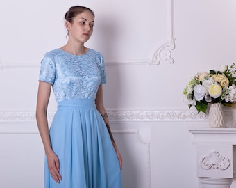 Long light blue bridesmaid dress with short sleeves. Modest baby blue lace dress for photo shoot. Mother of the groom outfit plus size