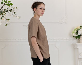 Loose pure linen t-shirt women. Simple natural flax linen tee for plus size. Light brown blouse with short sleeves -  20+ colors
