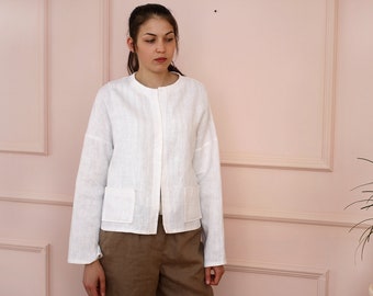 White linen jacket women. Loose natural jacket with pockets. Casual jacket long sleeves. Natural outerwear plus size - 4 colors
