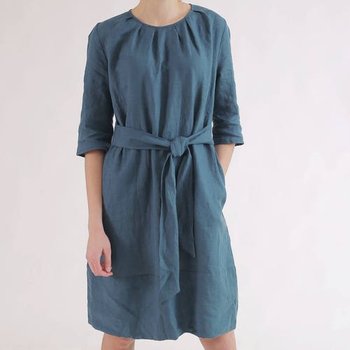 Teal Linen Dress With Sash. Natural Linen Womens Clothing Plus Etsy