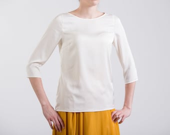 Off white silk top with sleeves. Simple milk silk satin blouse for brides and bridesmaids. Silk wedding top - available in 15+ colors