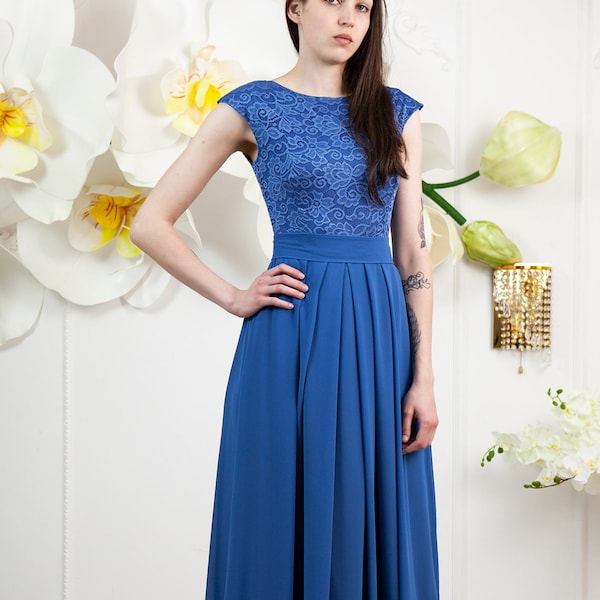 Long riverside blue bridesmaid dress with cap sleeves. Modest lace dress floor length. Blue prom dress with sash