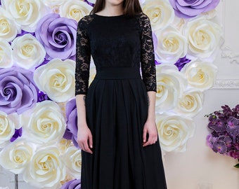 Bridesmaid dress black. Long lace dress with sleeves. Modest evening gown women