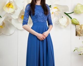 Riverside blue bridesmaid dress long. Floral lace formal gown with sleeves. Modest evening dress plus size. Blue mother of the groom dress