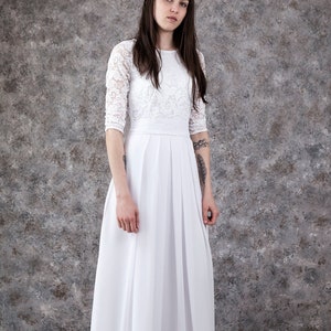 Inexpensive wedding dress. White lace wedding dress floor length. Modest wedding gown with sleeves under 100