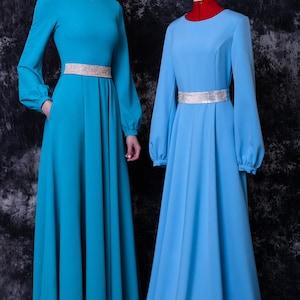 Light blue bridesmaid dress with sash. Mother of the Bride dress long sleeve  - 35+ colors