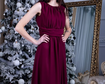 Chiffon bridesmaid dress 90+ colors. Floor length formal evening gown. Wide belt sleeveless burgundy dress