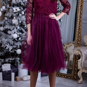 Burgundy tulle skirt for party. Soft luxury tulle cocktail skirt - any length, over 140 colors
