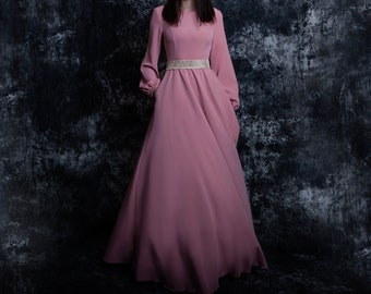 Floor length dusty cedar bridesmaid dress with pockets. Long pink dress with sleeve - 35+ colors