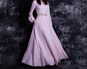 Long blush pink dress with sleeve. Modest formal dress women - 35+ colors