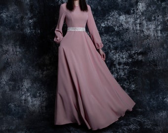 Long dusty rose bridesmaid dress with sleeve. Modest pink dress with pockets - 35+ colors