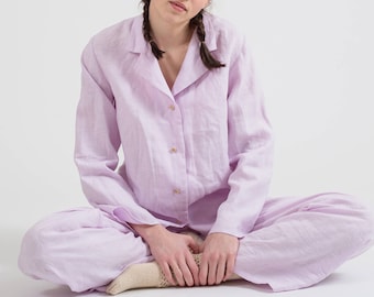 Organic pajama set for women. Pure linen pyjamas for home wear. Womens linen pants and shirt for sleep. Natural flax nightgown - 20+ colors