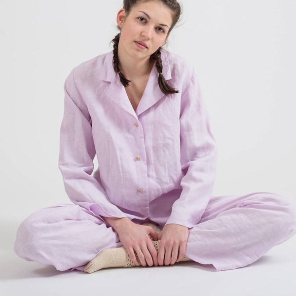 Organic pajama set for women. Pure linen pyjamas for home wear. Womens linen pants and shirt for sleep. Natural flax nightgown - 20+ colors