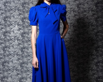 Blue bow neck dress with pockets. Blue bridesmaid dress short sleeve - available in 50+ colors