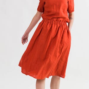 Midi linen skirt with pockets. Women elastic waist linen skirt. Red casual plus size skirt. Natural linen clothing women 20 colors image 3